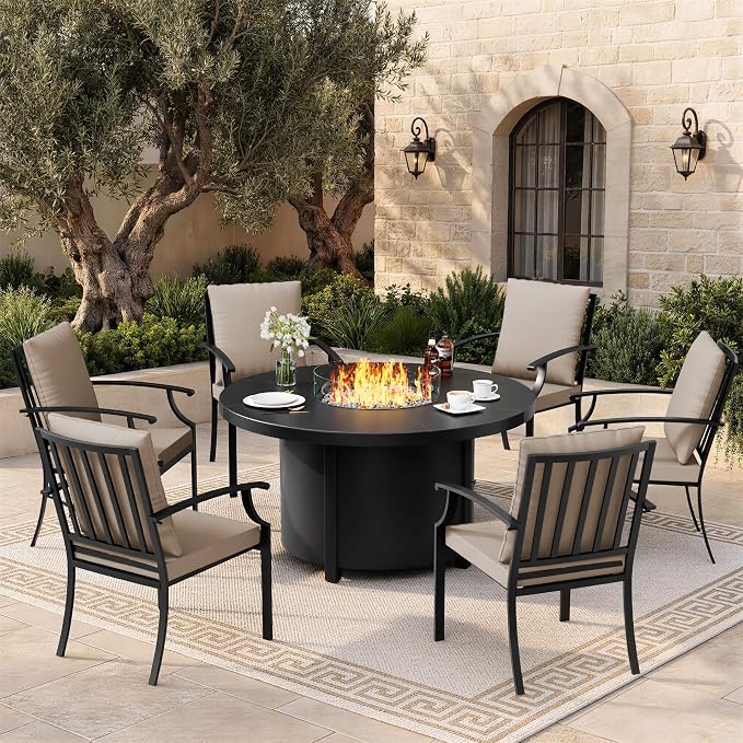 7 Pieces Outdoor Patio Furniture Set with 48" 55000 BTU Round Propane Fire Pit Table,Patio Dining Set Outdoor Conversation Sets 6 Chairs for Deck,Backyard and Garden,Brown