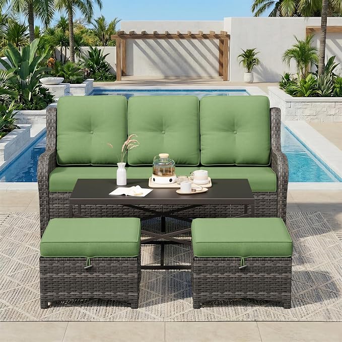 4-Piece Outdoor Couch Set, Includes Wicker Patio Sofa with Thickened Olefin Cushions, High Back and Deep Seating, Hand-Woven PE Rattan and 2 Ottomans, 1 Coffee Table for Porch, Deck