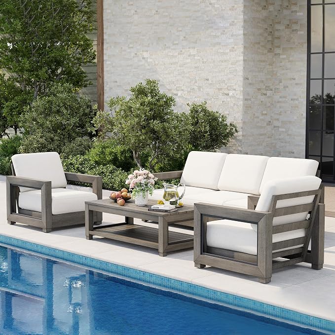 HAPPATIO Oversized Aluminum Patio Furniture Set, Outdoor Conversation Set 4 Pieces with 3-Seat Sofa and Coffee Table, Extra Large Seat with Thicken Cushion for Backyard Poolside, Grey