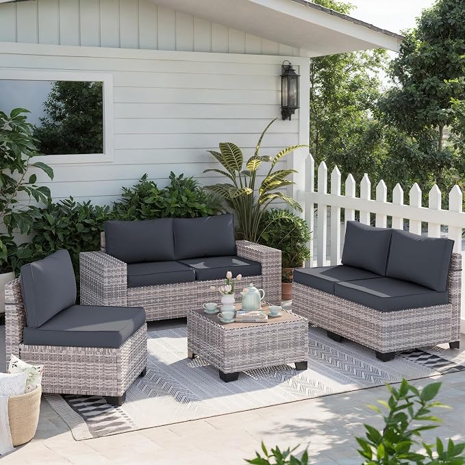6-Piece Outdoor Patio Furniture Set Wicker Sectional Sofa Set, Patio Conversation Set with Thickened Cushions & Chunky Arms for Garden, Backyard, Poolside, Dark Grey