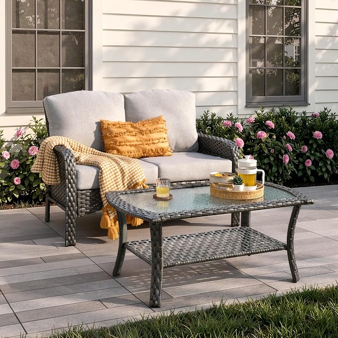 2-Piece Patio Furniture Set, Outdoor Wicker Furniture with Coffee Table, All Weather High Back Loveseat Patio Chairs, Modern Rattan Outdoor Chairs Conversation Set for Porch, Balcony, Garden,Grey