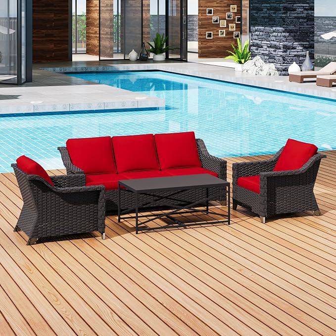 4 Pieces Outdoor Conversation Furniture Set - 77" Patio Sofa, 2 Wicker Armchairs, 1 Metal Coffee Table, Patio Wicker Furniture Set with Water-Resistant Cushions for Sunroom (Red)