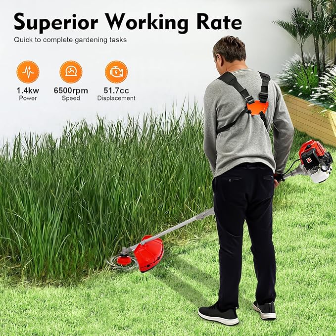 2-Stroke Gas Powered Grass Trimmer, 51.7CC 6500RPM 1.4KW Cordless Lawn Edgers Lawn Edger Grass Eater Gas Powered Weed Wacker Brush Cutter Blade with Guide Plate Guard (51.7CC,6500RPM,1.4KW)