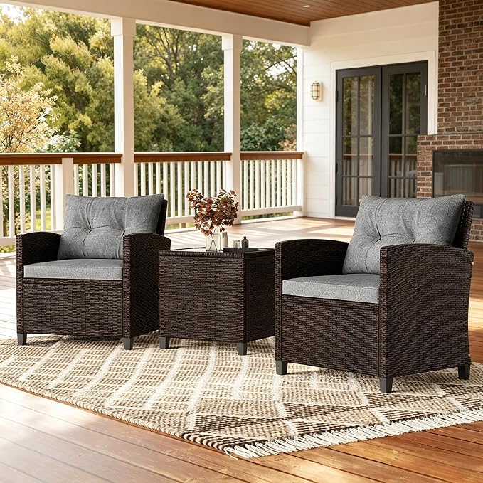 ORALNER 3 Pieces Patio Furniture Set, Outdoor Wicker Conversation Set Rattan Chairs with Cushions, Glass Coffee Table, Bistro Set for Front Porch Balcony Garden Deck Poolside (Grey)