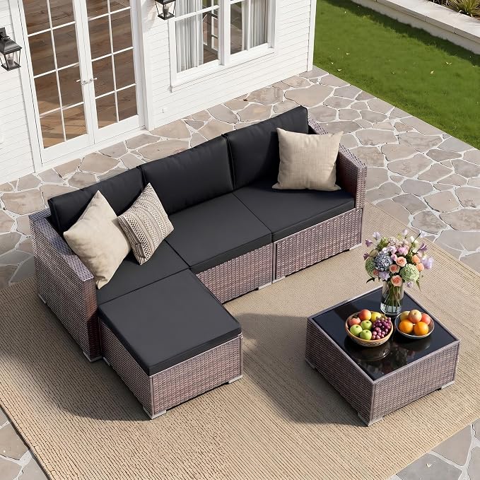 Patio Furniture Set - All-Weather -5 Piece Outdoor Patio Conversation Couch Sets, Modular Wicker Rattan Sectional Sofa for Garden, Patio, Poolside, Backyard, Balcony, Porch,Medium Gray