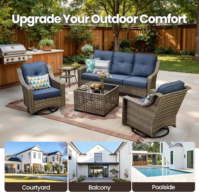 5 PCS Patio Conversation Set, All-Weather Rattan Wicker Outdoor Patio Furniture Sets with High Back Swivel Rocker Chair, Solar Light Coffee Table for Porch,Backyard,Balcony,Denim Blue