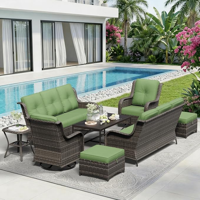 8 Piece Outdoor Wicker Patio Furniture Set, Outdoor Swivel Rocker Patio Chairs Set with Thickened Olefin Cushions, High Back and Deep Seating, Hand-Woven PE Rattan for Porch, Deck