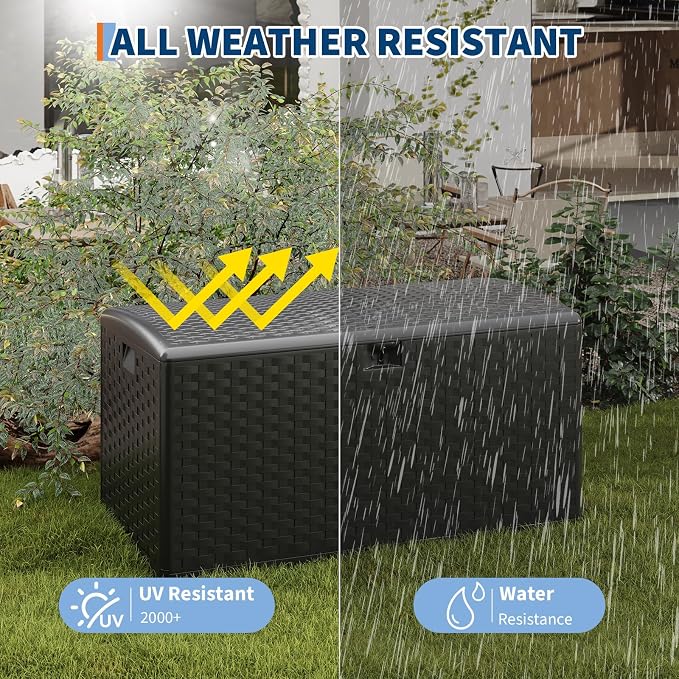 50 * 22 * 25 Inch Brown Resin Deck Box, 99 Gallon Outdoor Storage Box– Waterproof Lockable Outdoor Storage, Patio Container for Cushions/Garden Tools/Pool Accessories -With Gas Strut Black