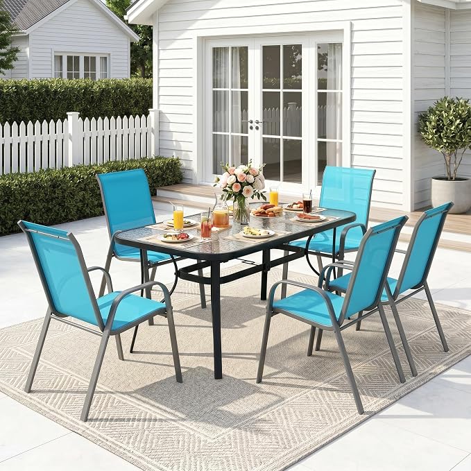 MAMIZO 7 Pieces Patio Dining Set for 6, Outdoor Table and Chairs w/Rectangle Glass Table and 6 Textilene Stackable Chairs, Patio Furniture Set w/1.69" Umbrella Hole (Black Table & Sky Blue Chair)