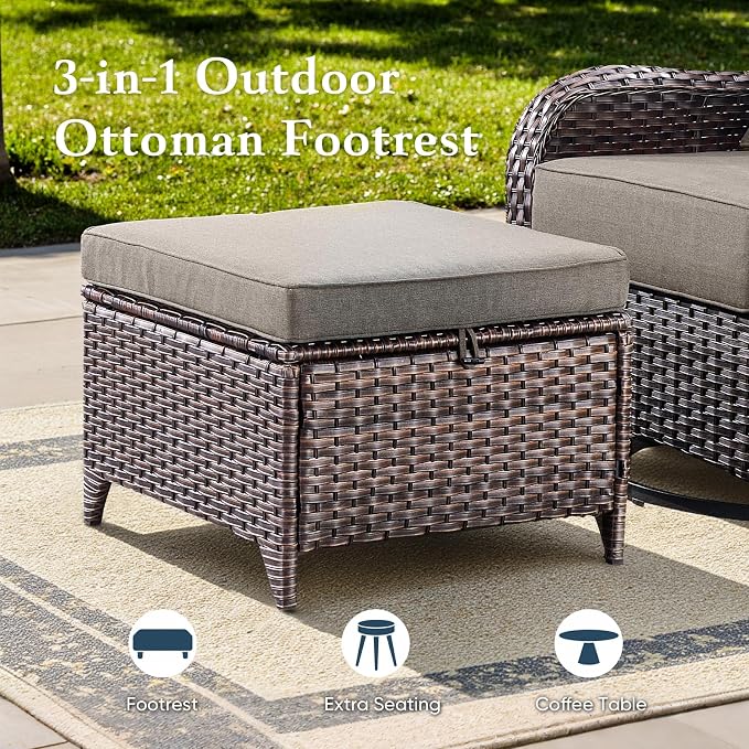 Belord Luxury 6" Thick Cushioned 10 Pieces Patio Furniture Set with Fire Pit Table, Wicker Outdoor Conversation Set with High Back Swivel Rocker Chairs for Deck Porch Yard and Poolside - Brown+Grey
