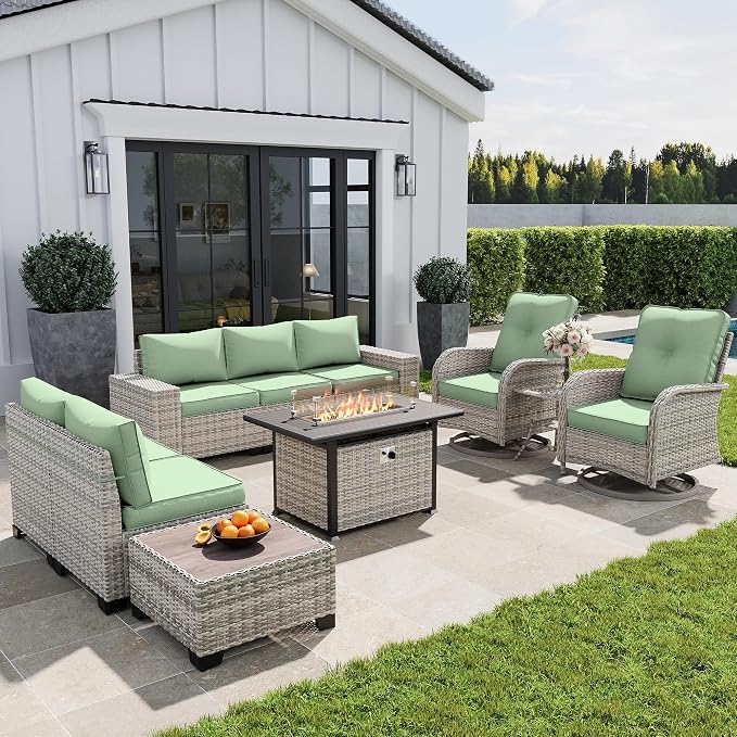 10-Piece Outdoor Patio Furniture Set with Rocking Swivel Chair, PE Wicker Rattan Sectional Sofa Patio Conversation Set with 55,000 BTU Fire Pit Table & Coffee Table, Light Green