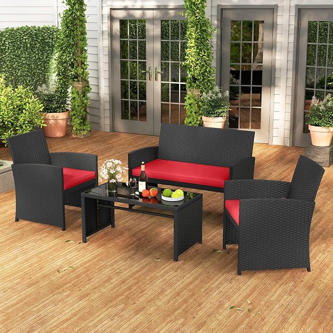 RELAX4LIFE 4-Piece Patio Furniture Set - Wicker Rattan Outdoor Sectional Sofa Set w/Glass Coffee Table, Loveseat, 2 Chairs & Soft Cushions, Bistro Conversation for Garden Porch (1, Black-Red)