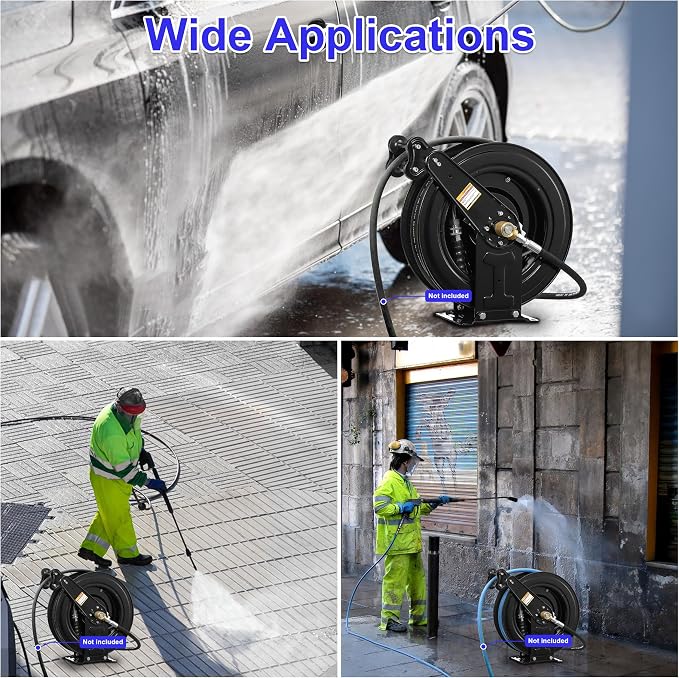 JOEJET Auto-Retractable Pressure Washer Hose Reel, 50FT x 3/8" Heavy Duty Steel Power Washer Hose Reel Dual Arm, 4000 PSI