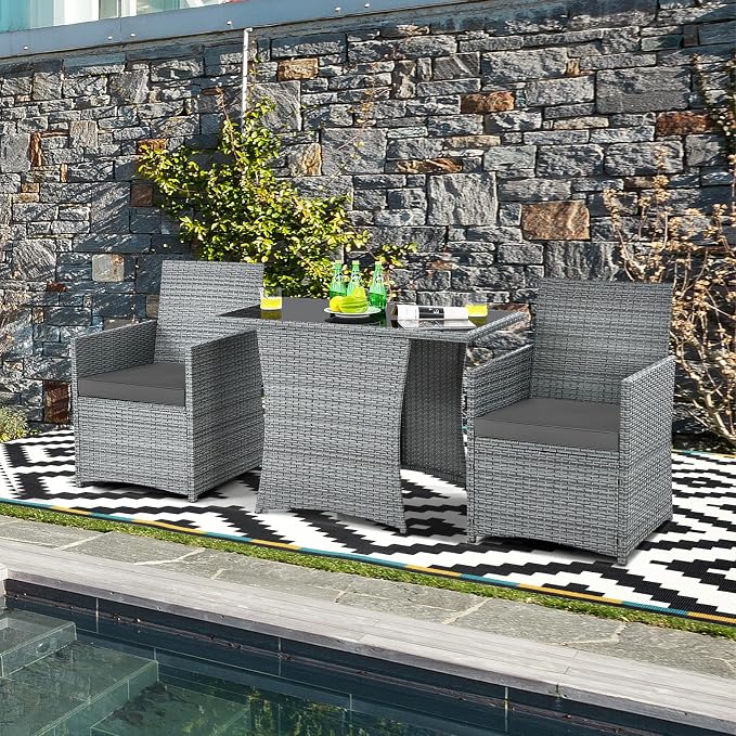 RELAX4LIFE 3-Piece Outdoor Furniture Set - All-Weather Wicker Rattan Patio Dining Set w/Tempered Glass Coffee Table & Cushions, Modern Bistro Conversation Set for Yard Balcony (Gray)