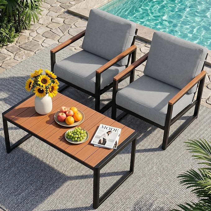 NATURAL EXPRESSIONS Aluminum 3-Piece Patio Bistro Set, Outdoor Furniture Set with 2 Armchairs and 1 Table, Fauxwood Armrest, 6" Olefin Cushion, All-Weather Patio Chair for Porch, Yard, Balcony, Deck