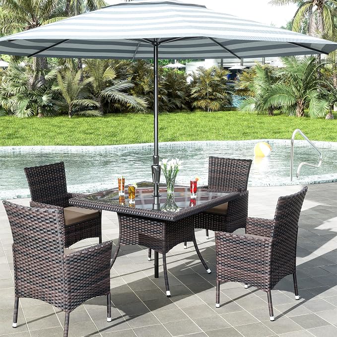 15 Pieces Outdoor Patio Dining Set,Patio Table and Chairs Rattan Outdoor Patio Furniture Set with Umbrella Hole,Dining Table Set for 12 with Chairs for Backyard,Garden and Kitchen,Brown