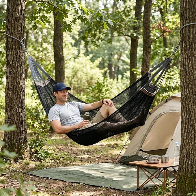 Lightweight Portable Anti-Roll Breathable Mesh Camping Hammock 102.36x51.18in with Tree Straps & Carry Bag, Black, No Stand Included
