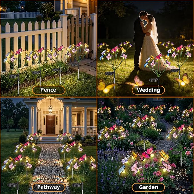 Solar Butterfly Lights Outdoor, 2 Pack 16 LED Solar Garden Lights Waterproof, 2 Modes Solar Powered Outdoor Light for Outside Patio Pathway Yard Lawns Landscape Party Decorations