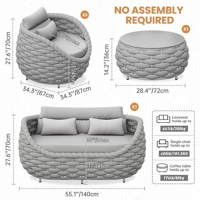 Fully Assembled Patio Furniture Set: 5 Pieces Woven Rope Outdoor Conversation Set Cushioned - Modern Metal Deck Loveseat Chair Table Set - Porch Seating for Yard Garden Pool Hotel Resort, Grey