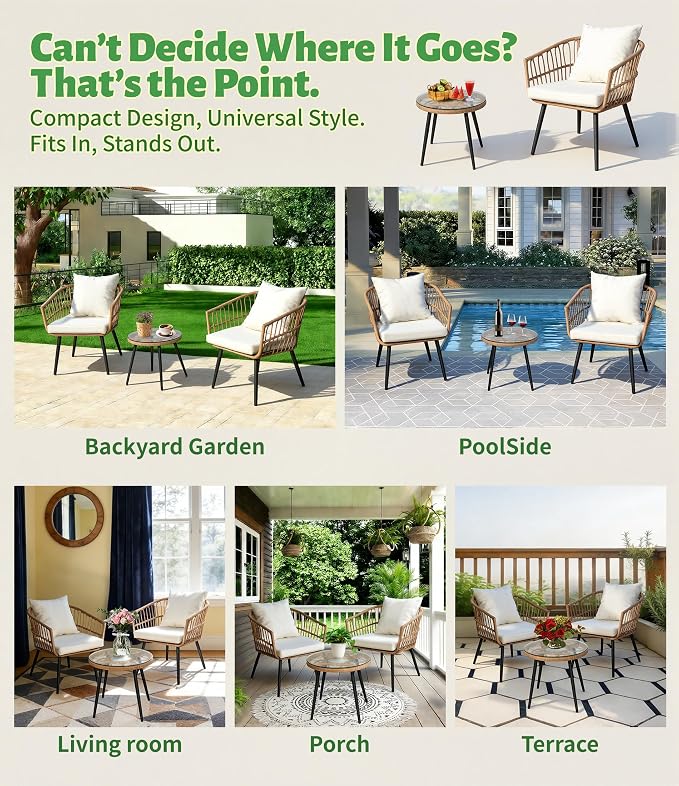 3-Piece Outdoor Patio Bistro Set, Wicker Chairs with Cushions, PE Rattan All-Weather Conversation Set with Coffee Table for Balcony, Porch, Backyard, Poolside, Garden, Deck, Khaki