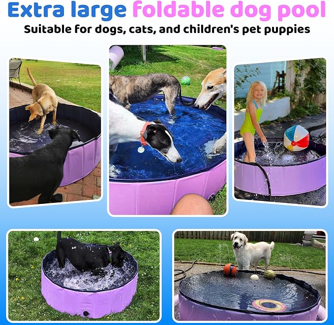 CACSPS 2025 Updated Foldable Dog Pool, 97" x 12" Kiddie Pool with Hard Plastic, Non-Slip Dog Bath Tub for Outdoor Backyard, Collapsible Dog Swimming Pool for Kids Dogs Pets (Pink)