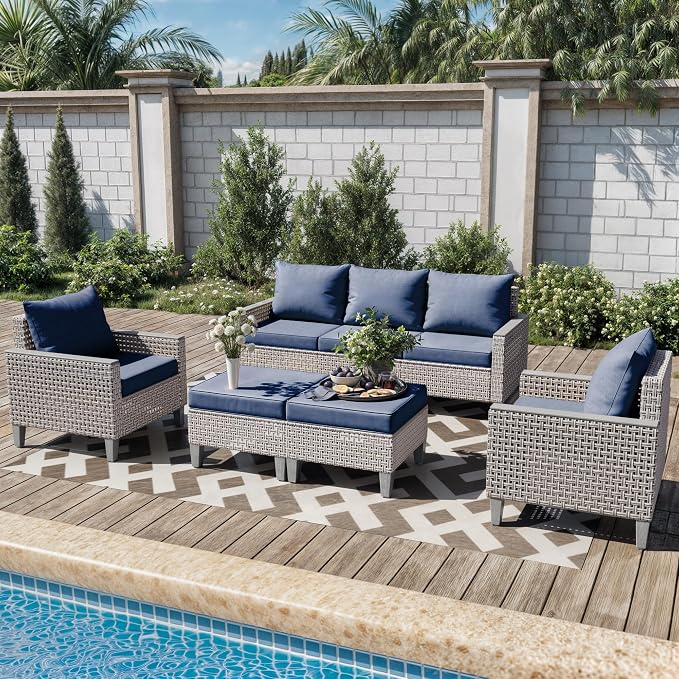 7 Pieces Patio Furniture Set with Ottomans, Modern Outdoor Sectional Sofa with Comfy Cushions, Modular Wicker Rattan Patio Conversation Set for Garden Poolside Deck, Navy