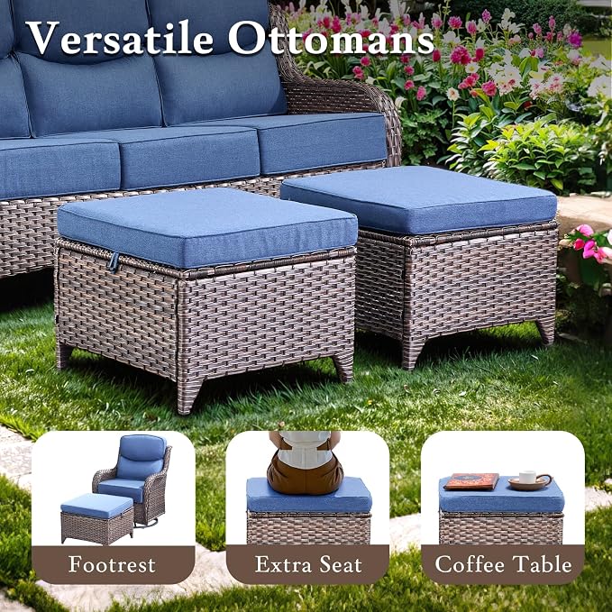 Luxury High Back Outdoor Furniture with 6-inch Extra Thick Cushions, Patio Furniture Set with Swivel Chairs, 7 PCS Wicker Conversation Set for Yard, Deck, Poolside, Brown/Blue