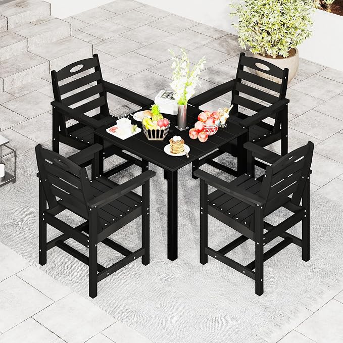 Domi HDPE Outdoor Dining Set, All-Weather Outdoor Dining Table Set of 5 with 2" Umbrella Hole, Outdoor Patio Dining Set for Garden, Poolside, Backyard, Deck, Black