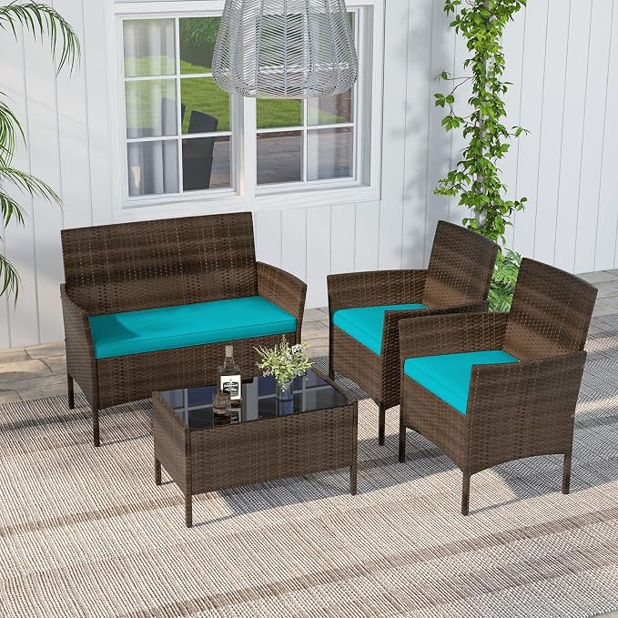 ORALNER 4 Pieces Patio Furniture Set, Rattan Chairs Loveseat with Soft Cushion and Glass Table, Outdoor Wicker Conversation Set for Balcony Garden Backyard Porch Poolside (Turquoise)