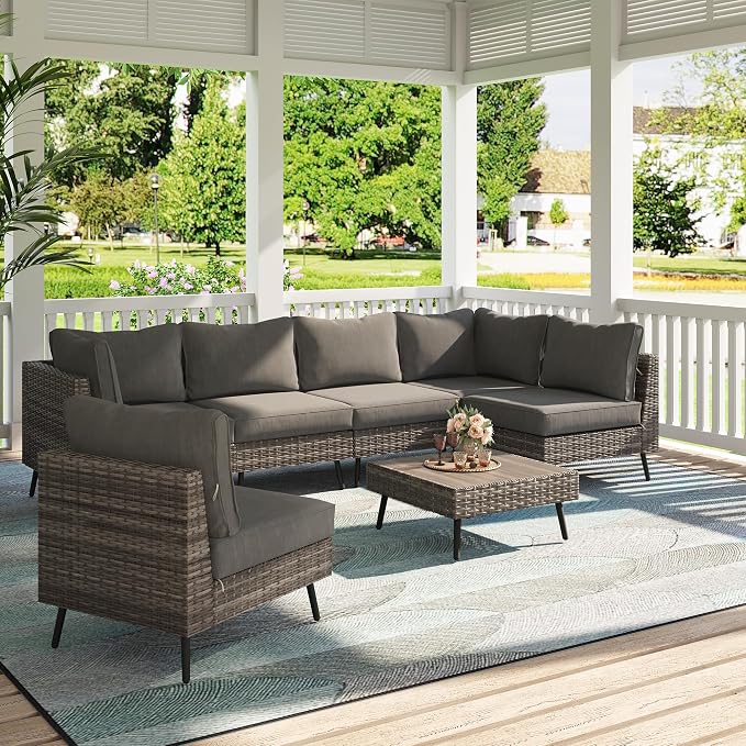 LAUSAINT HOME Outdoor Patio Furniture, 7 Piece Outdoor Sectional Sofa PE Rattan Wicker Patio Conversation Sets, All Weather Patio Furniture Set with Thick Cushions for Garden, Backyard (Grey)