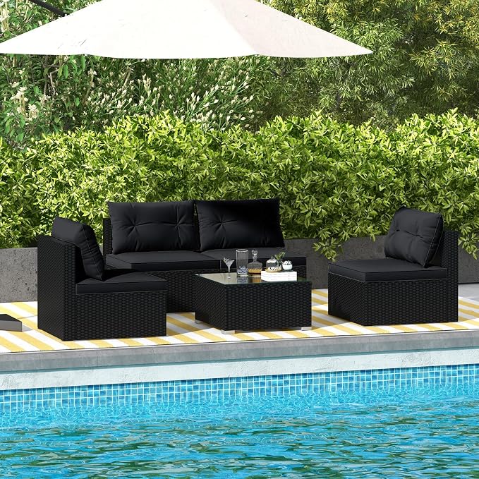 RELAX4LIFE 5-Piece Outdoor Patio Furniture Set, Rattan Sectional Sofa Set w/Glass-Top Coffee Table, Soft Seat & Back Cushions, Bistro Set for Garden Backyard Porch, Wicker Conversation Set (Dark)