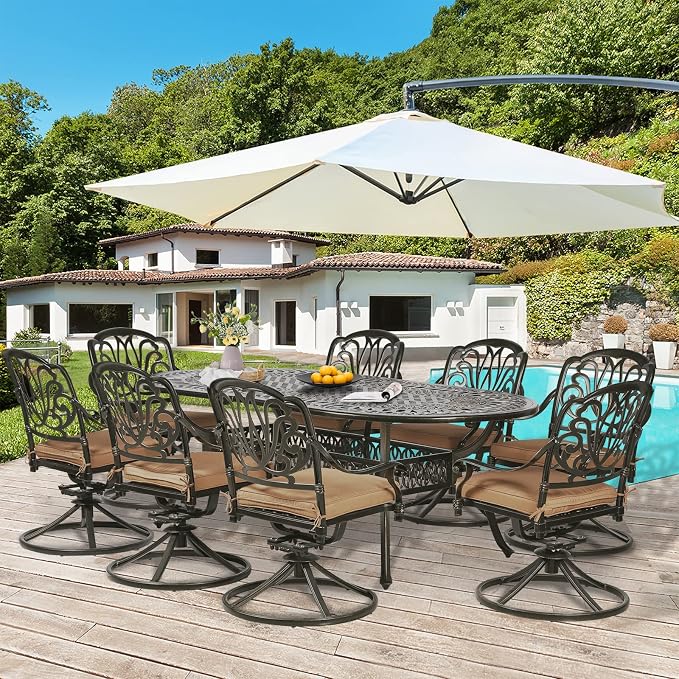 9-Piece Patio Dining Set, Oval Cast Aluminum Dining Table & 8 Swivel Chairs with Umbrella Hole