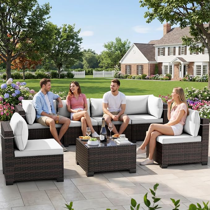 CHABATREE 7pcs Outdoor Patio Furniture Sets,Rattan Conversation Sectional Set,Manual Weaving Wicker Patio Sofa with Tea Table