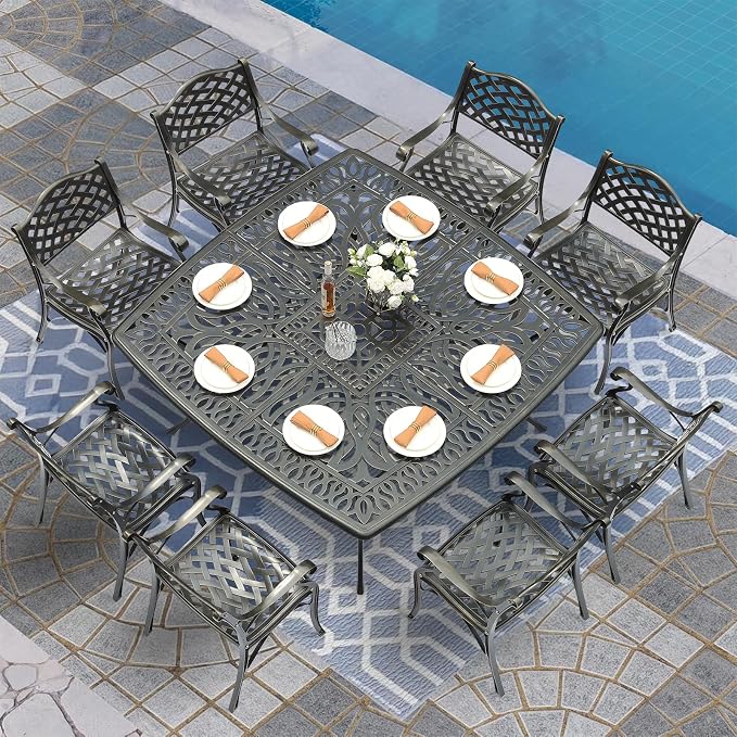 MEETWARM 9-Piece Outdoor Furniture Dining Set for 8, All Weather Cast Aluminum Patio Dining Set- Large 64" Square Table and 8 Chairs, Patio Table and Chairs Set for Garden, Umbrella Hole, Dark Bronze