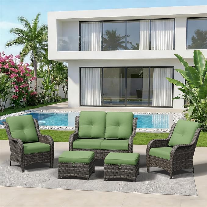 5 Piece Outdoor Wicker Patio Furniture Set, Patio Chairs Set with Thickened Olefin Cushions, High Back and Deep Seating, Hand-Woven PE Rattan, Ottoman for Porch, Deck
