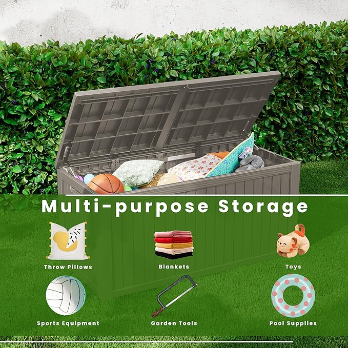 150 Gallon Deck Box Organizer, Doubles as 2-Person Bench Seat, Gray Large Resin Outdoor Storage and Seating with Lockable Lid for Garden, Pool, and Patio