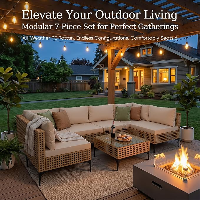 Devoko Patio Furniture Set,7 Pieces Outdoor Wicker Sectional Couch with Thick Cushions &Glass Tabletop, PE Rattan Backyard Conversation Sofa with Coffee Table for Deck, Porch(7pc)