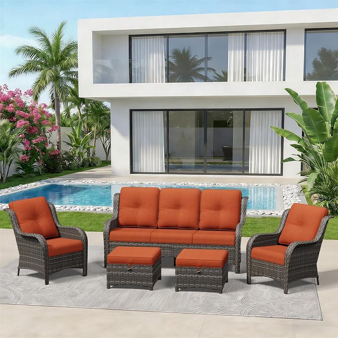 5 Piece Outdoor Wicker Patio Furniture Set, Patio Chairs Set with Thickened Olefin Cushions, High Back and Deep Seating, Hand-Woven PE Rattan, Ottoman for Porch, Deck