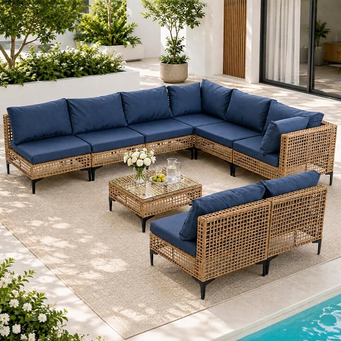 9 Piece Outdoor Wicker Patio Sectional Furniture Set, Dark Blue | All Weather Performance, PE Rattan, Patio Conversation Set w/Coffee Table, for Backyard, Porch, Poolside, Deck