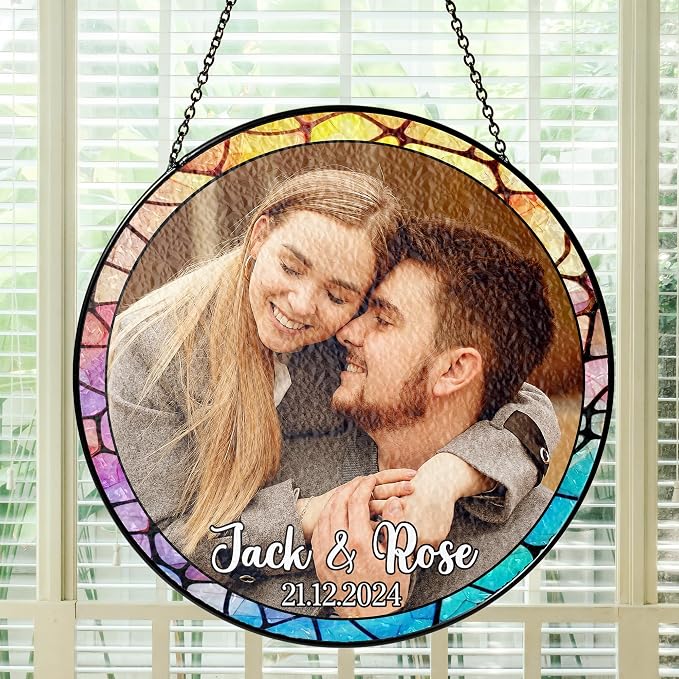Custom Photo Stained Glass Window Hanging Suncatcher 2026, Personalized Family Picture Sun Catcher with Custom Text, Father's Day Birthday Gift for Dad, Papa, Grandpa, Husband