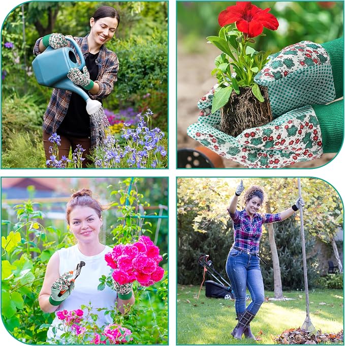 DOFOWORK Gardening Gloves, 4 Pair Floral Garden Gloves for Women with Dots | Soft Comfortable Fabric,Cute Floral Pattern,Anti-slip PVC Dots,Designed for Ladies,Yard Planting & Daily Gardening Work