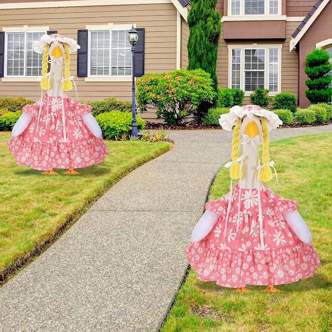 Spring Summer Pink Daisy Porch Goose Outfit for 23'' Goose Clothes Bee Pink Skirt with Hat for Spring Summer Outdoor Garden Yard Patio Lawn Decor(Daisy)