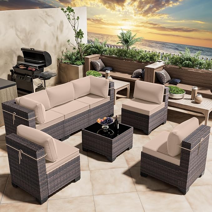 7 Pieces Outdoor Patio Furniture Set,Outdoor Sectional Furniture All Weather PE Rattan Wicker Patio Conversation Set with Coffee Table and 6 Thickened Cushions,Sand