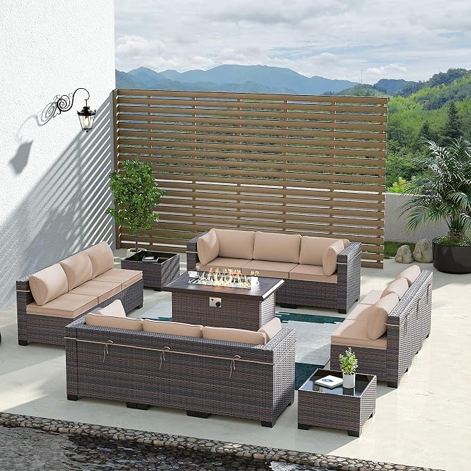 Outdoor Patio Furniture Set with Fire Pit Table, 15 Pieces Outdoor Furniture Set Patio Sectional Sofa w/43in Propane Fire Pit, PE Wicker Rattan Patio Conversation Sets - Brown
