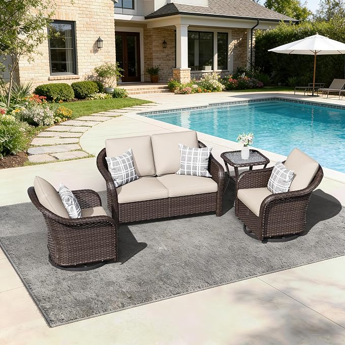 4 PCS Outdoor Conversation Set | 55" Couch, 2 Swivel Chairs, 1 Side Table, Patio Wicker Conversation Furniture with Removable Cushions for Bistro, Deck, Sunroom(Beige)