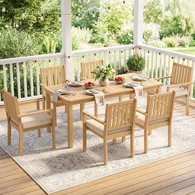 FansaFurn 7 Pieces Acacia Outdoor Patio Table and Chairs Set for All-Weather, Outside Furniture with Table Umbrella Hole and Removable Cushion for 6, Outdoor Patio Furniture Set for Garden, Brown