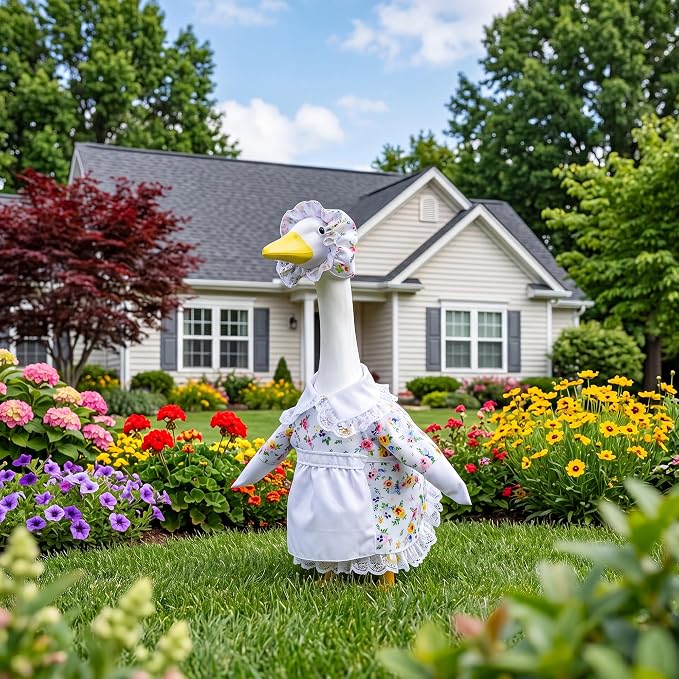 Summer Porch Goose Outfit Set with Floral Dress & Hat for 23" Goose Statue