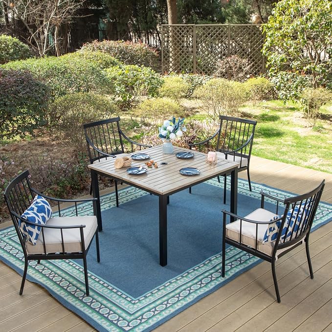 MFSTUDIO 5-Piece Patio Dining Set, Metal Chairs, Umbrella Hole, Beige | 42" Square Wood-Look Metal Table, Removable Cushions