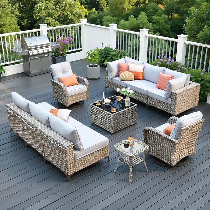 10 Pieces Patio Sectional Furniture Set, Outdoor Wicker Sectional Couch with High Back Swivel Rocker Chairs Solar Lights Table, Modern Conversation Set for Porch Balcony Backyard, Gray