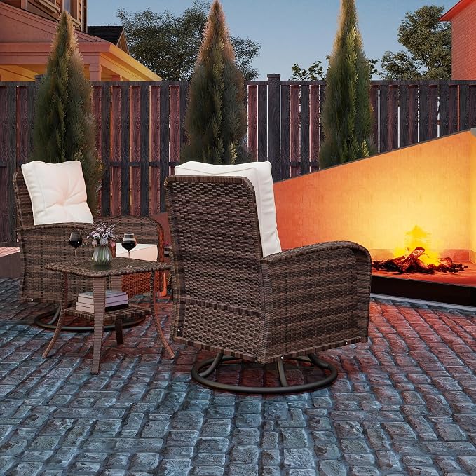 Kromax Outdoor Patio Furniture Set, All-Weather Wicker Swivel Glider Chairs Set of 2 with Coffee Table Table & Thick Machine Washable Cushions for Backyard, Garden, Porch, Brown/Beige